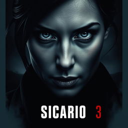 A cinematic movie poster design for "Sicario 3", focusing on the close-up of the female protagonist's face (Emily Blunt), showcasing a cold gaze filled with determination and tension