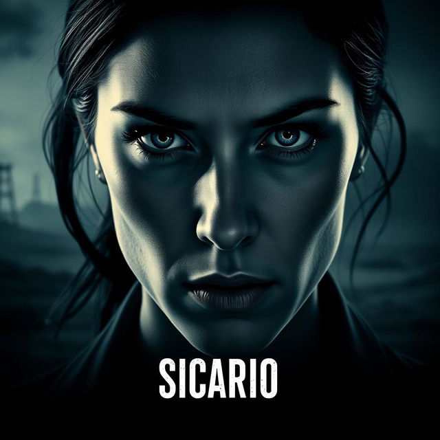 A cinematic movie poster design for "Sicario 3", focusing on the close-up of the female protagonist's face (Emily Blunt), showcasing a cold gaze filled with determination and tension