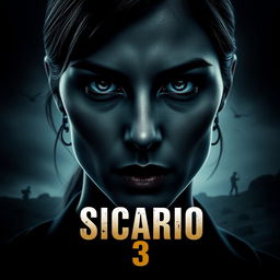 A cinematic movie poster design for "Sicario 3", focusing on the close-up of the female protagonist's face (Emily Blunt), showcasing a cold gaze filled with determination and tension