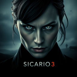 A cinematic movie poster design for "Sicario 3", focusing on the close-up of the female protagonist's face (Emily Blunt), showcasing a cold gaze filled with determination and tension
