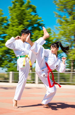 A dynamic and energetic scene featuring a male and female Taekwondo practitioner engaged in an impressive mid-air side kick, showcasing their athleticism and discipline