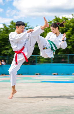 A dynamic and energetic scene featuring a male and female Taekwondo practitioner engaged in an impressive mid-air side kick, showcasing their athleticism and discipline