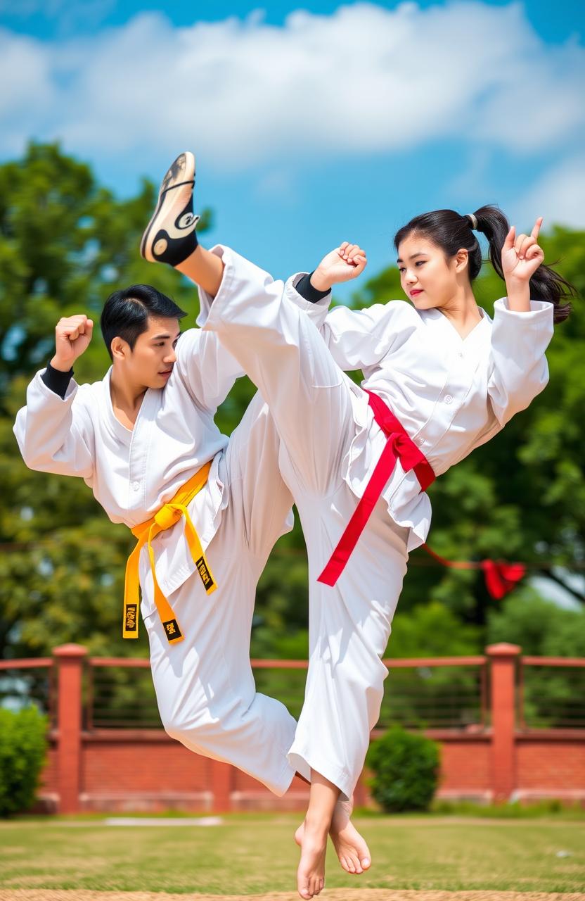 A dynamic and energetic scene featuring a male and female Taekwondo practitioner engaged in an impressive mid-air side kick, showcasing their athleticism and discipline