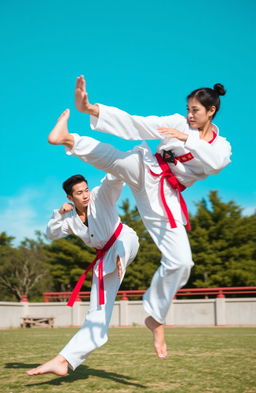 A dynamic and energetic scene featuring a male and female Taekwondo practitioner engaged in an impressive mid-air side kick, showcasing their athleticism and discipline