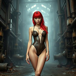 A thin girl with round, enhanced breasts and piercings, featuring vibrant red hair, positioned at the center of the image in a full body view