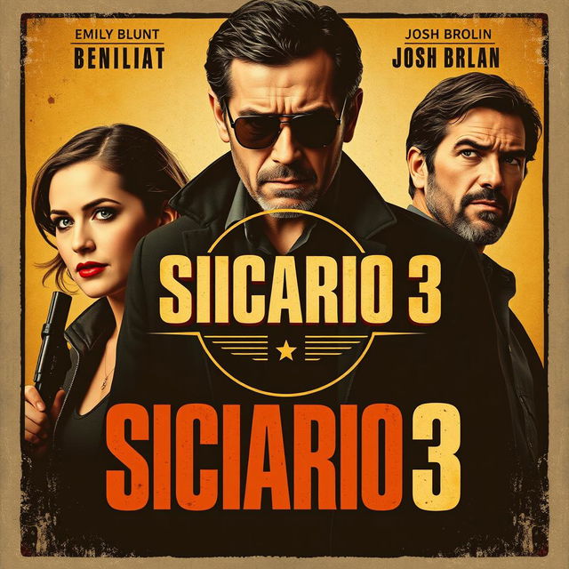 A vintage-style movie poster for "Sicario 3", featuring the three main characters: Emily Blunt, Benicio Del Toro, and Josh Brolin