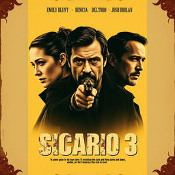 A vintage-style movie poster for "Sicario 3", featuring the three main characters: Emily Blunt, Benicio Del Toro, and Josh Brolin