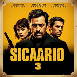 A vintage-style movie poster for "Sicario 3", featuring the three main characters: Emily Blunt, Benicio Del Toro, and Josh Brolin