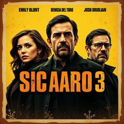 A vintage-style movie poster for "Sicario 3", featuring the three main characters: Emily Blunt, Benicio Del Toro, and Josh Brolin