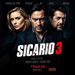 An exciting teaser poster for 'Sicario 3' (2025) featuring Emily Blunt, Benicio Del Toro, and Josh Brolin