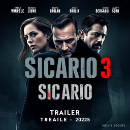 An exciting teaser poster for 'Sicario 3' (2025) featuring Emily Blunt, Benicio Del Toro, and Josh Brolin