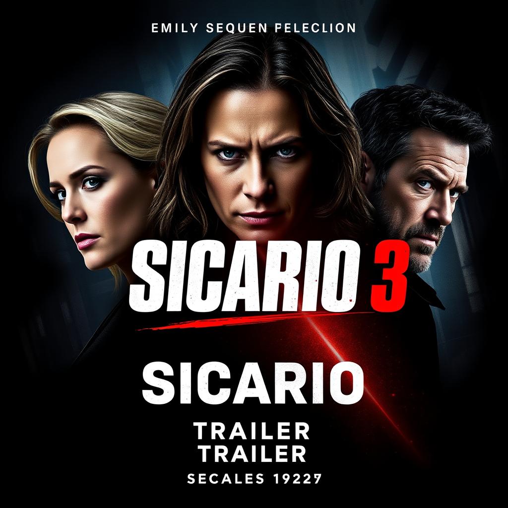 An exciting teaser poster for 'Sicario 3' (2025) featuring Emily Blunt, Benicio Del Toro, and Josh Brolin