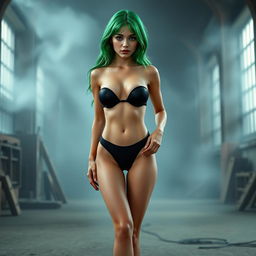 A thin girl with round, enhanced breasts and vibrant green hair, positioned at the center of the image in a full body view