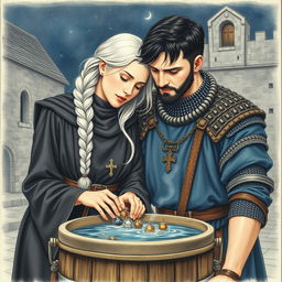 A beautiful scene depicting a woman in her early thirties with long white hair styled in a braid, wearing traditional monk robes
