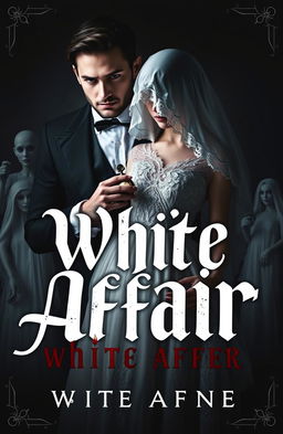 A dark and haunting book cover titled 'White Affair', featuring a mysterious man and woman