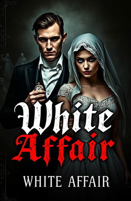 A dark and haunting book cover titled 'White Affair', featuring a mysterious man and woman