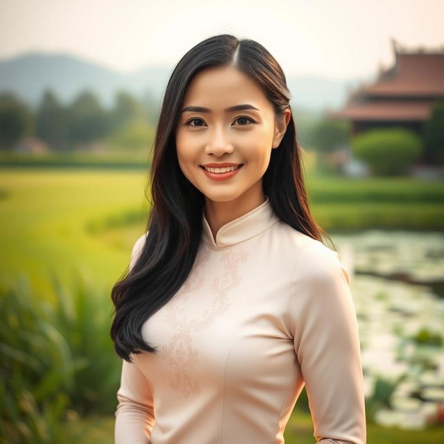 A beautiful 37-year-old Vietnamese woman with fair skin and soft facial features, fully clothed, with no visible exposed body parts