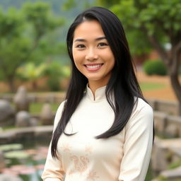 A beautiful 37-year-old Vietnamese woman with fair skin and soft facial features, fully clothed, with no visible exposed body parts