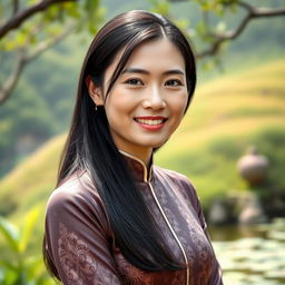 A beautiful 37-year-old Vietnamese woman with fair skin and soft facial features, fully clothed, with no visible exposed body parts