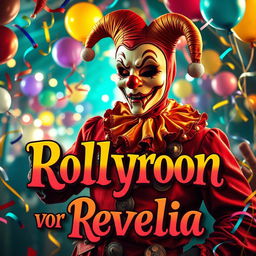 A vibrant travel poster for "Rollyroon vor Revelia" featuring colorful carnival imagery, showcasing a charismatic man in a creepy mask dressed in a jester's uniform