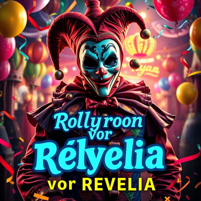 A vibrant travel poster for "Rollyroon vor Revelia" featuring colorful carnival imagery, showcasing a charismatic man in a creepy mask dressed in a jester's uniform