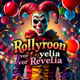 A vibrant travel poster for "Rollyroon vor Revelia" featuring colorful carnival imagery, showcasing a charismatic man in a creepy mask dressed in a jester's uniform