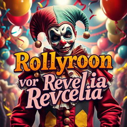 A vibrant travel poster for "Rollyroon vor Revelia" featuring colorful carnival imagery, showcasing a charismatic man in a creepy mask dressed in a jester's uniform