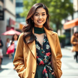 A beautiful 37-year-old Vietnamese woman with fair skin and soft facial features, fully clothed in a variety of stylish and colorful outfits