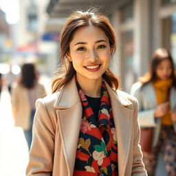 A beautiful 37-year-old Vietnamese woman with fair skin and soft facial features, fully clothed in a variety of stylish and colorful outfits