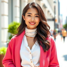 A beautiful 37-year-old Vietnamese woman with fair skin and soft facial features, fully clothed in a variety of stylish and colorful outfits