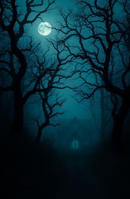 A mysterious landscape showing a dense, fog-covered forest at twilight