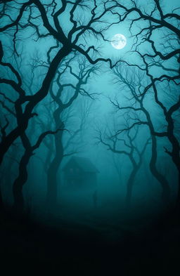 A mysterious landscape showing a dense, fog-covered forest at twilight