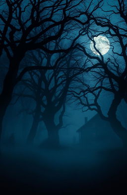 A mysterious landscape showing a dense, fog-covered forest at twilight