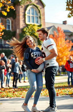 A heartwarming scene set on a college campus during a sunny autumn day, featuring a young couple celebrating their victory after a football game