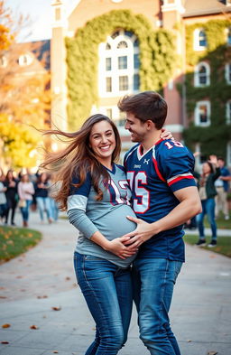 A heartwarming scene set on a college campus during a sunny autumn day, featuring a young couple celebrating their victory after a football game