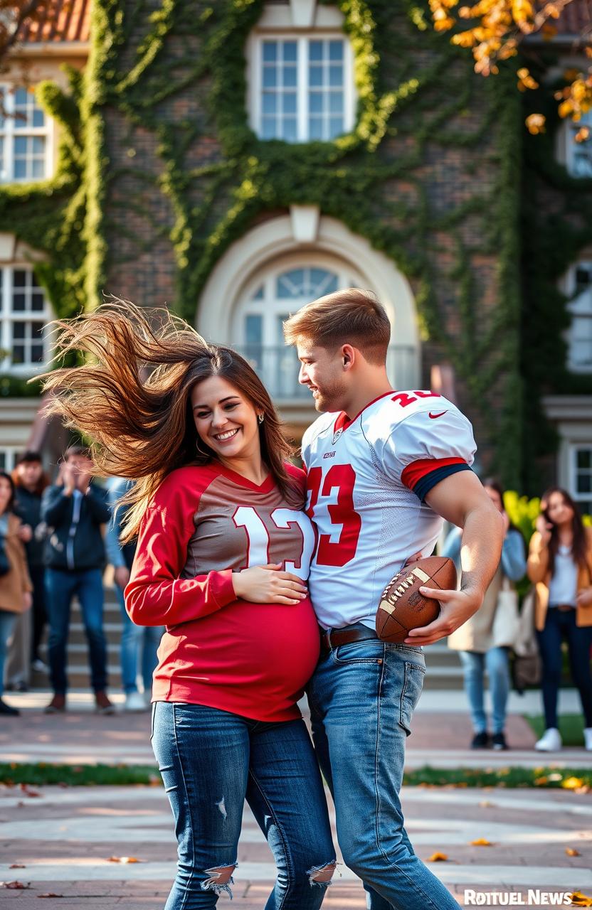 A heartwarming scene set on a college campus during a sunny autumn day, featuring a young couple celebrating their victory after a football game