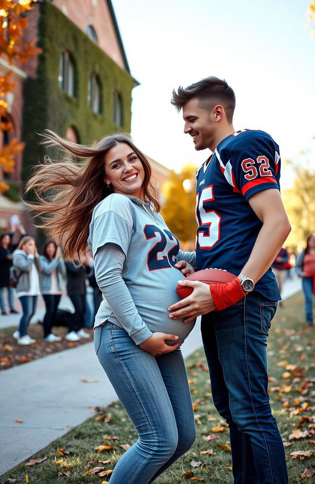 A heartwarming scene set on a college campus during a sunny autumn day, featuring a young couple celebrating their victory after a football game