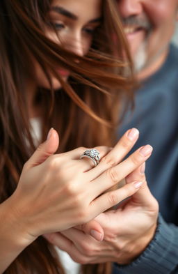 A 20-year-old girl with flowing long hair is presenting a beautiful ring to her father