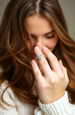 A 20-year-old girl with flowing long hair is presenting a beautiful ring to her father