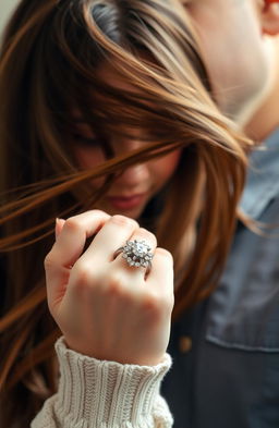 A 20-year-old girl with flowing long hair is presenting a beautiful ring to her father