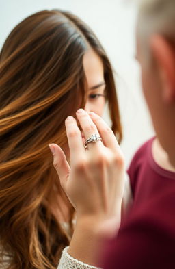 A 20-year-old girl with flowing long hair is presenting a beautiful ring to her father