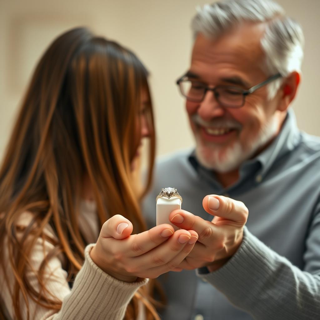 A 20-year-old girl with long, flowing hair presents a beautiful ring to her father, who is accepting the gift with a warm smile