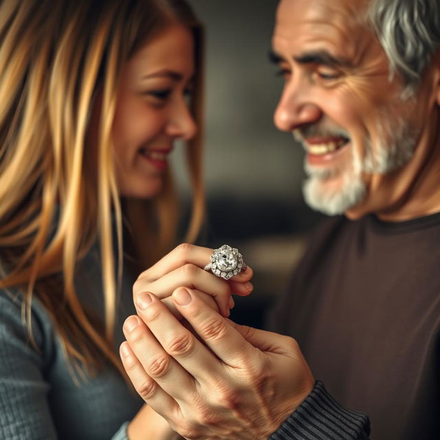 A 20-year-old girl with long, flowing hair presents a beautiful ring to her father, who is accepting the gift with a warm smile