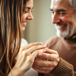 A 20-year-old girl with long, flowing hair presents a beautiful ring to her father, who is accepting the gift with a warm smile