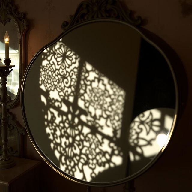 A beautifully intricate shadow cast on a mirror, showcasing detailed and elegant patterns