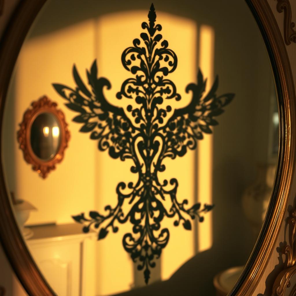 A beautifully intricate shadow cast on a mirror, showcasing detailed and elegant patterns