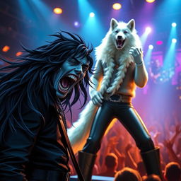 A male blue tiefling with long flowing black hair, dressed in an all-black outfit, is screaming excitedly like a fanboy in front of a striking white wolf version of Elvis Presley performing on stage