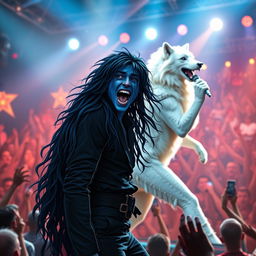 A male blue tiefling with long flowing black hair, dressed in an all-black outfit, is screaming excitedly like a fanboy in front of a striking white wolf version of Elvis Presley performing on stage