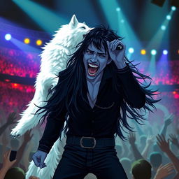A male blue tiefling with long flowing black hair, dressed in an all-black outfit, is screaming excitedly like a fanboy in front of a striking white wolf version of Elvis Presley performing on stage