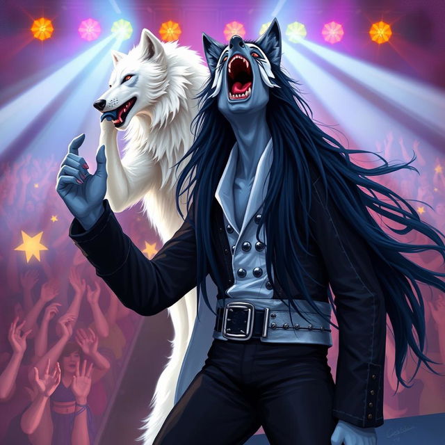 A male blue tiefling with long flowing black hair, dressed in an all-black outfit, is screaming excitedly like a fanboy in front of a striking white wolf version of Elvis Presley performing on stage